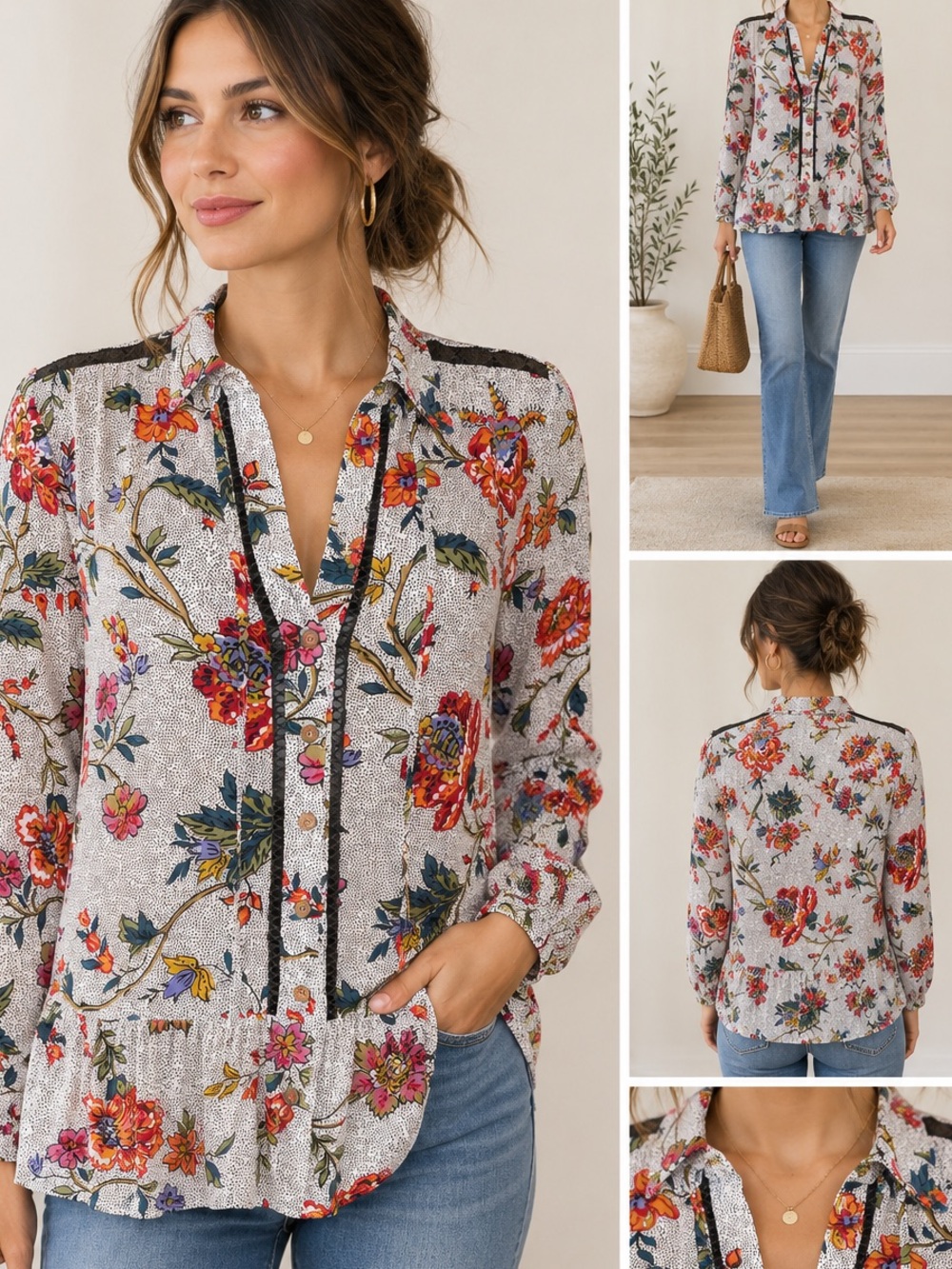 Maeve Anthropologie Floral Blouse Size 6 Boho Peplum Button Front 100% Viscose